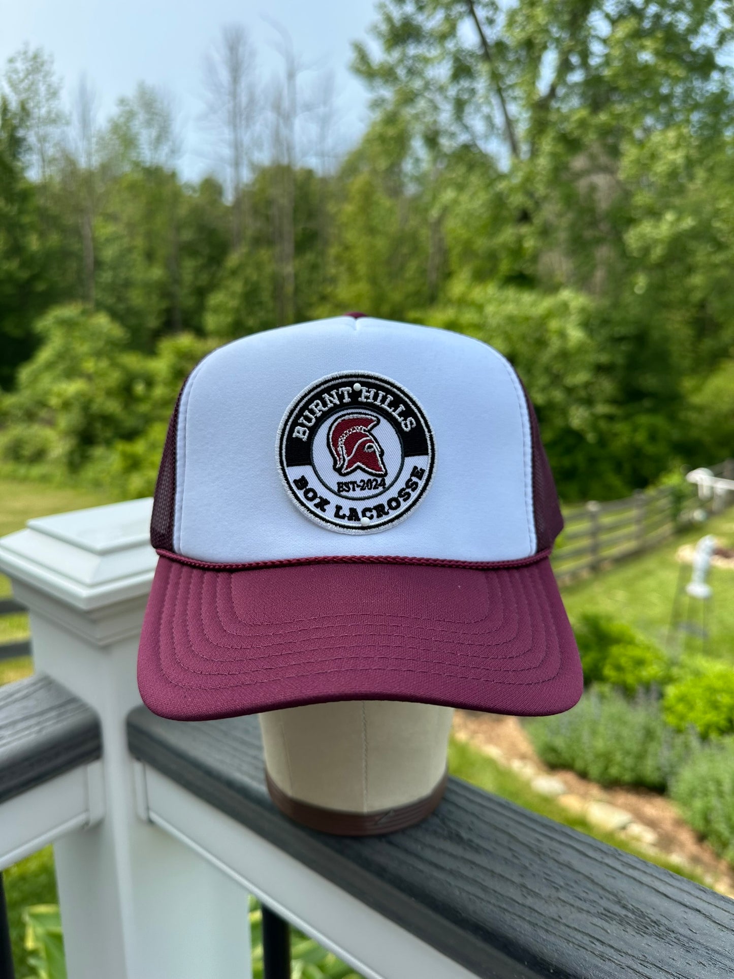 Maroon and White Box Lax Trucker Hat