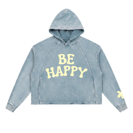 Be Happy Distressed Hoodie Blue
