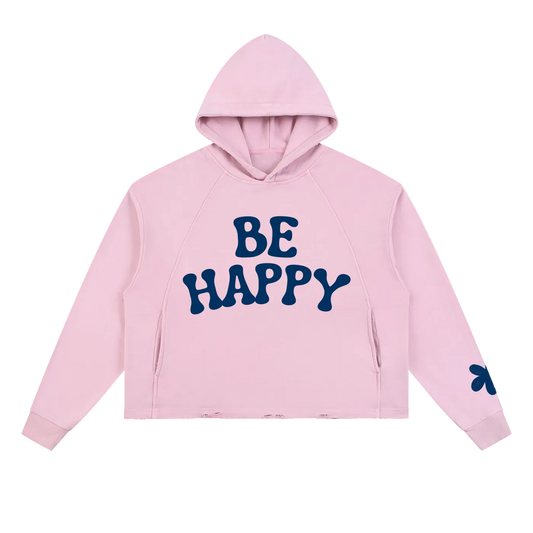 Be Happy Distressed Hoodie Pink